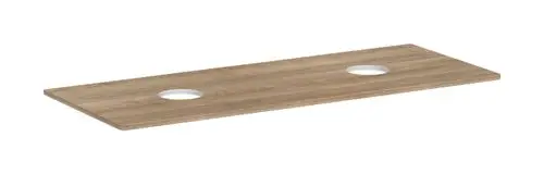 Holzplatte im natürlichen Eichendesign mit zwei kreisförmigen Ausschnitten. Geeignet für die Montage einer Aufsatzwaschbecken-Konsole von Hansgrohe.